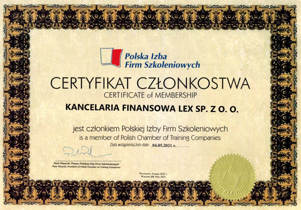 Polska Izba Szkoleniowa certyfikat